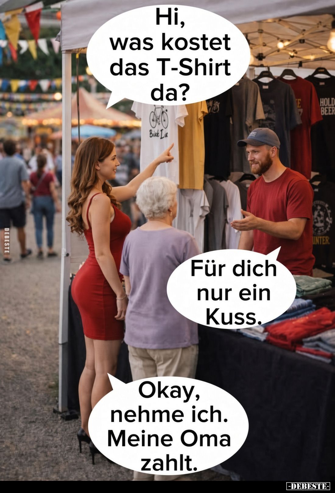 Hi,
was kostet das T-Shirt da?

Für dich nur ein Kuss.

Okay, nehme ich. Meine Oma zahlt.