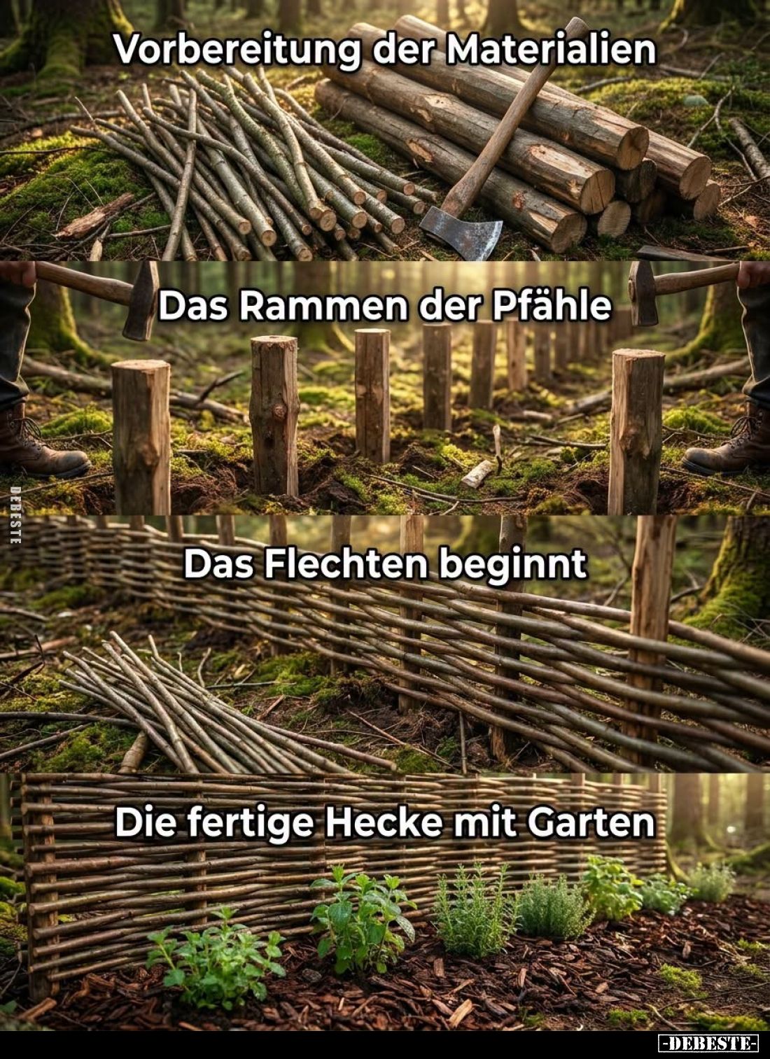 Vorbereitung der Materialien.
Das Rammen der Pfähle.
Das Flechten beginnt.
Die fertige Hecke mit Garten.
