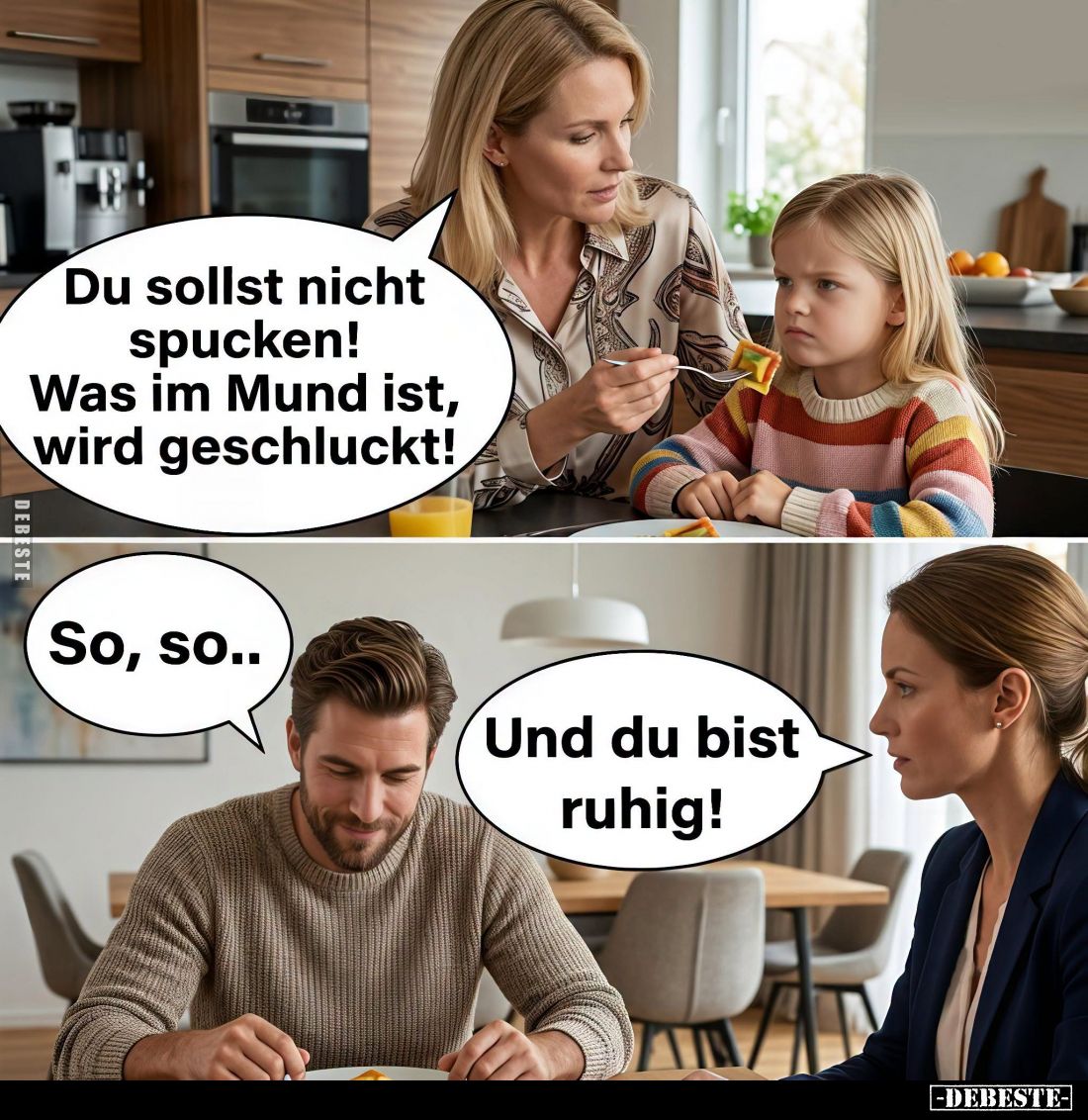 Du sollst nicht spucken! Was im Mund ist, wird geschluckt! -
So, so.. -
Und du bist ruhig!