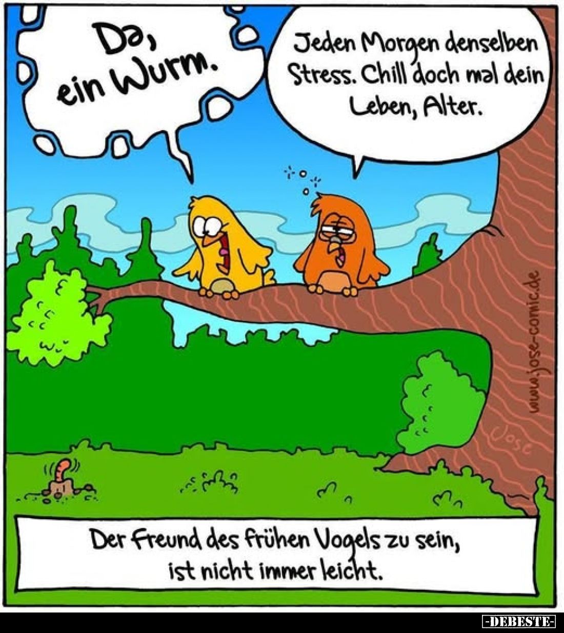 Da, ein Wurm.
-
Jeden Morgen denselben Stress. Chill doch mal dein Leben, Alter.
-
Der Freund des frühen Vogels zu sein, ...