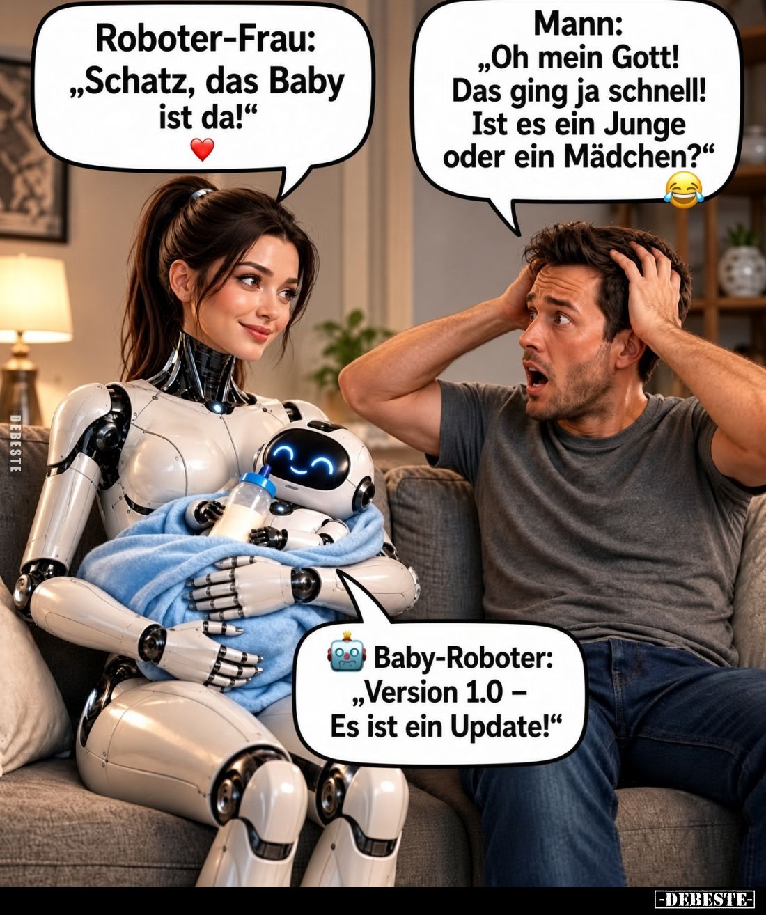 Roboter-Frau:
„Schatz, das Baby ist da!“
Mann:
„Oh mein Gott!
Das ging ja schnell!
Ist es ein Junge oder ein Mädchen?“...