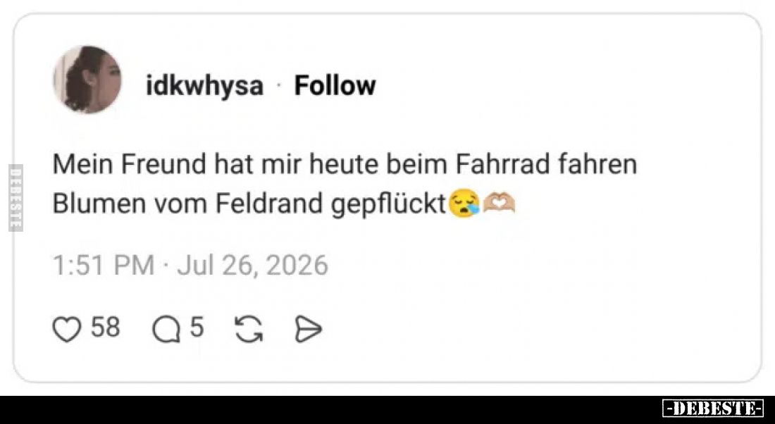 Mein Freund hat mir heute beim Fahrrad fahren Blumen vom Feldrand gepflückt