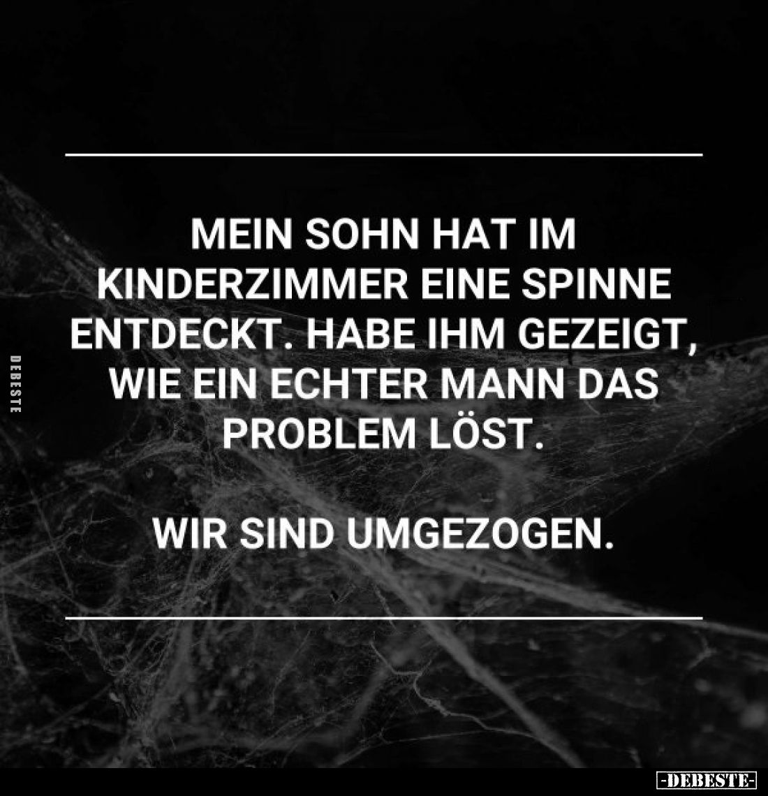 Mein Sohn hat im Kinderzimmer eine Spinne entdeckt. Habe ihm gezeigt, wie ein echter Mann das Problem löst.
Wir sind umgezog...