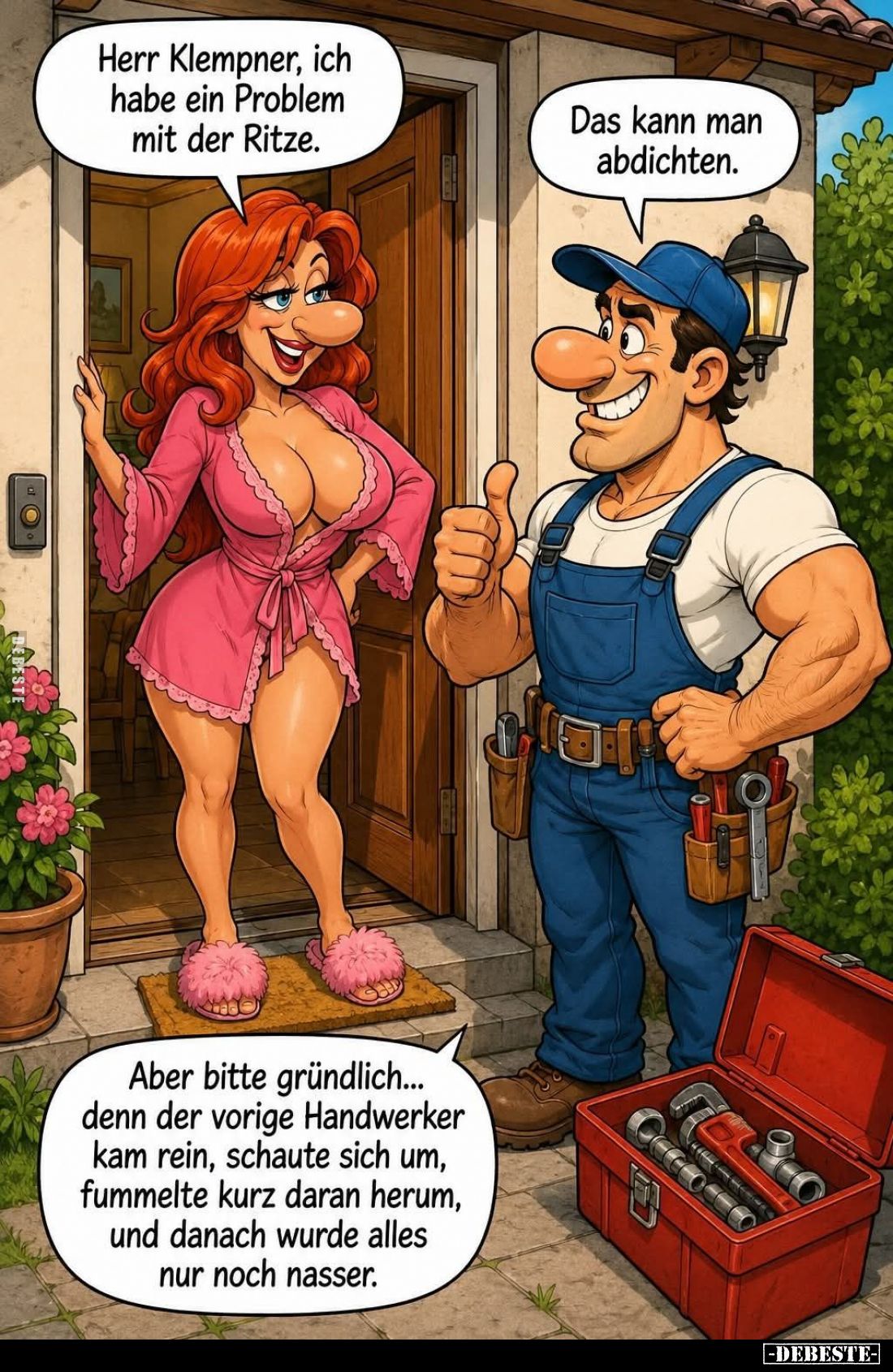 Herr Klempner, ich habe ein Problem mit der Ritze. -
Das kann man abdichten. -
Aber bitte gründlich... denn der vorige Hand...