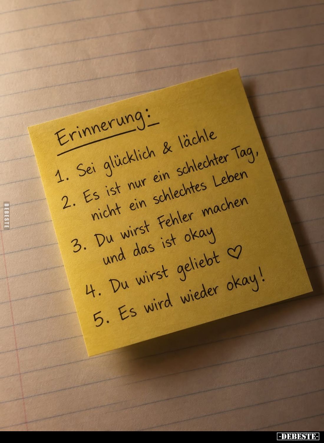 Erinnerung:
1. Sei glücklich & lächle
2. Es ist nur ein schlechter Tag, nicht ein schlechtes Leben
3. Du wirst Fehler ...