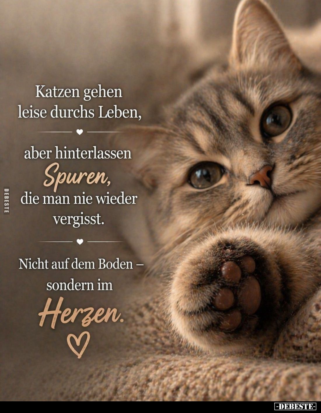 Katzen gehen leise durchs Leben,
aber hinterlassen Spuren, die man nie wieder vergisst.
Nicht auf dem Boden - sondern im He...