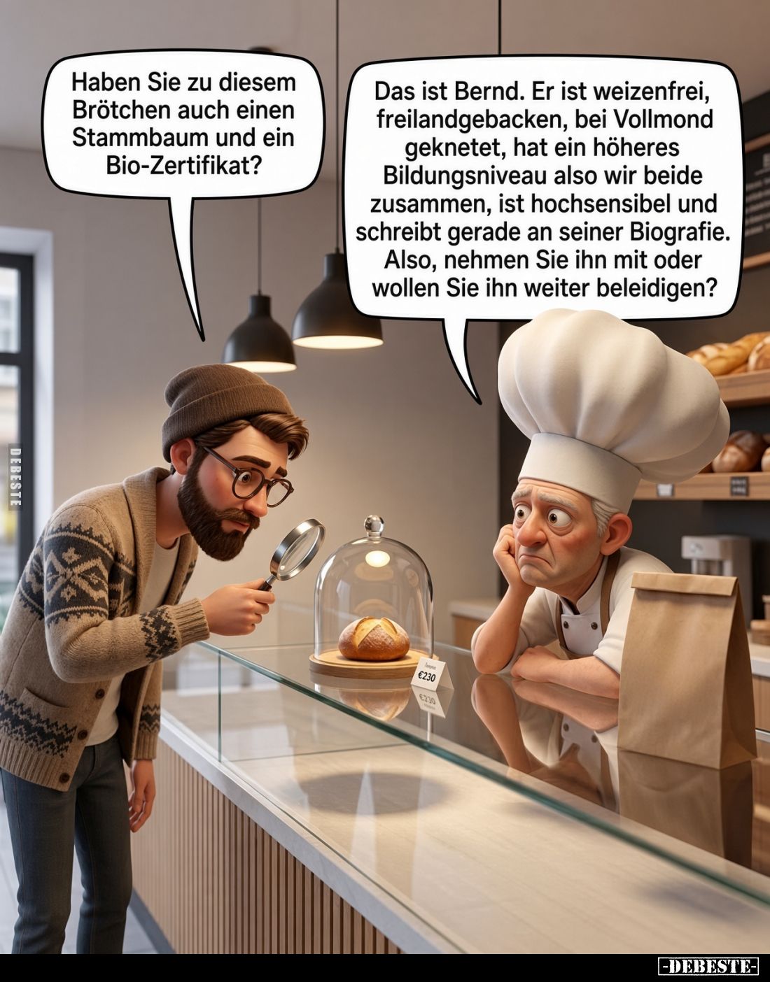Haben Sie zu diesem Brötchen auch einen Stammbaum und ein Bio-Zertifikat?
-
Das ist Bernd. Er ist weizenfrei, freilandgebac...