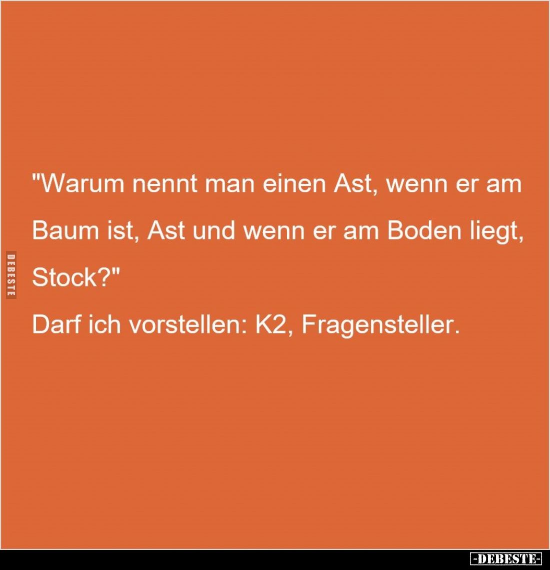 "Warum nennt man einen Ast, wenn er am Baum ist, Ast und wenn er am Boden liegt, Stock?"
Darf ich vorstellen: K2, ...