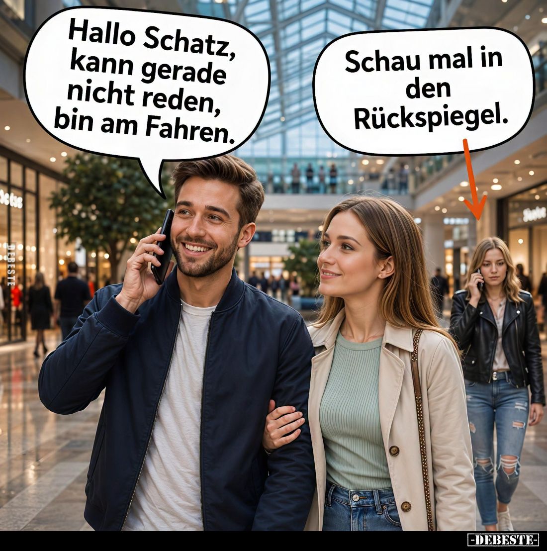 Hallo Schatz, kann gerade nicht reden, bin am Fahren. -
Schau mal in den Rückspiegel.