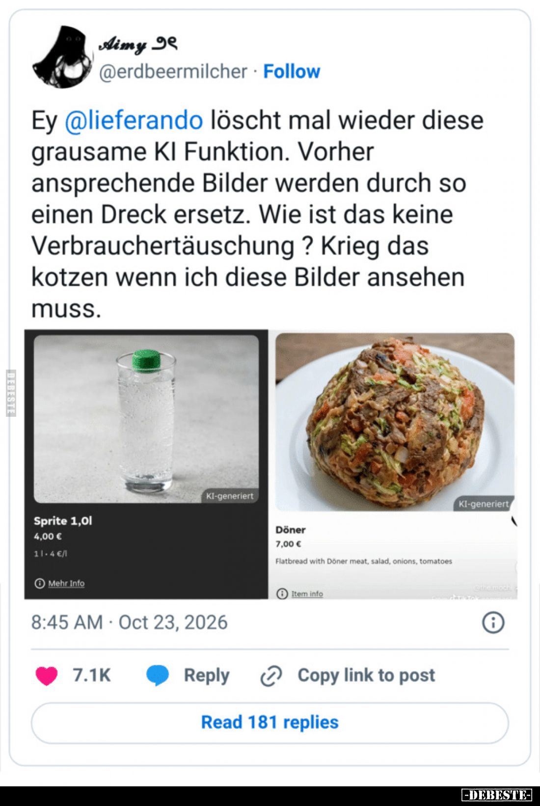 Ey @lieferando löscht mal wieder diese grausame KI Funktion.
Vorher ansprechende Bilder werden durch so einen Dreck ersetz....