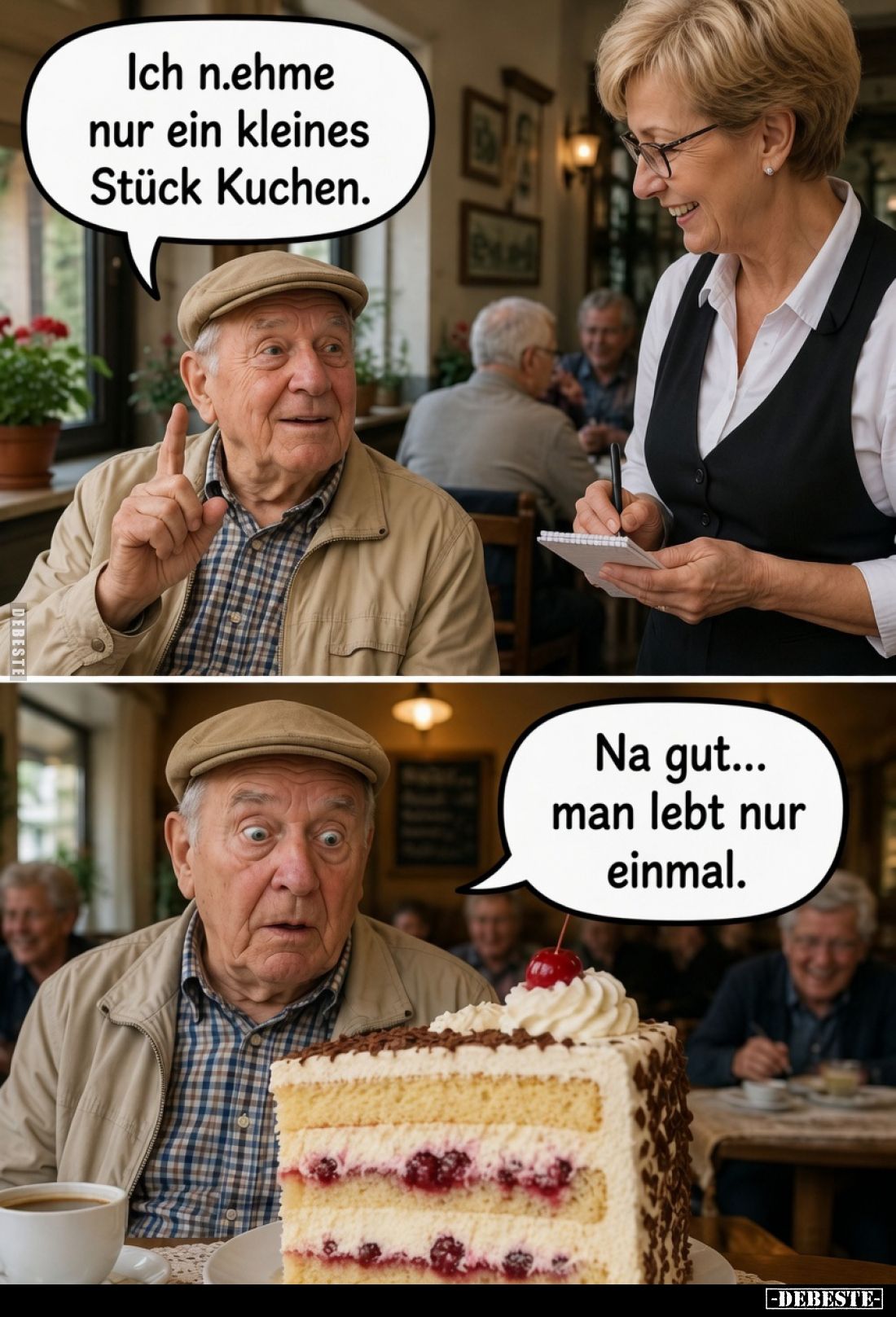 Ich nehme nur ein kleines Stück Kuchen.
Drugi kadr (dolny akapit):
Na gut... man lebt nur einmal.