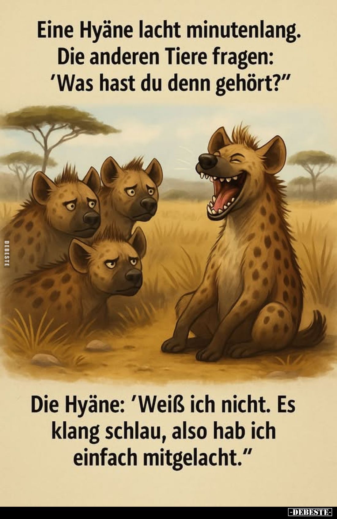 Eine Hyäne lacht minutenlang. Die anderen Tiere fragen: "Was hast du denn gehört?" -
Die Hyäne: "Weiß ich nic...