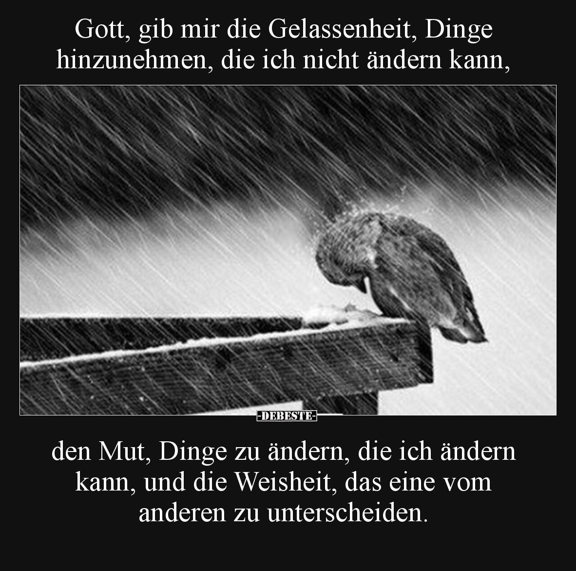 Gott, gib mir die Gelassenheit, Dinge hinzunehmen, die ich nicht ändern kann,

den Mut, Dinge zu ändern, die ich ändern kan...