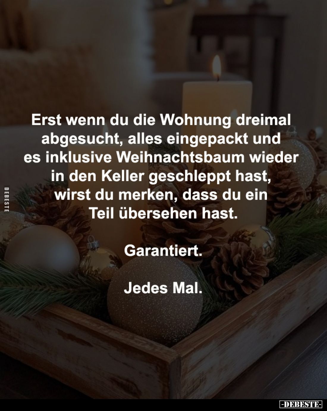 Erst wenn du die Wohnung dreimal 
abgesucht, alles eingepackt und 
es inklusive Weihnachtsbaum wieder 
in den Keller gesch...