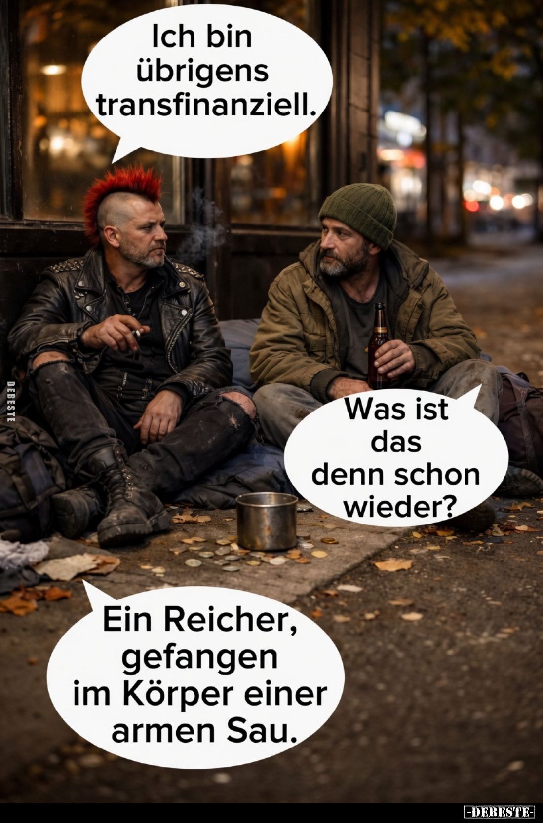 Ich bin übrigens transfinanziell.
Was ist das denn schon wieder?
Ein Reicher, gefangen im Körper einer armen Sau.