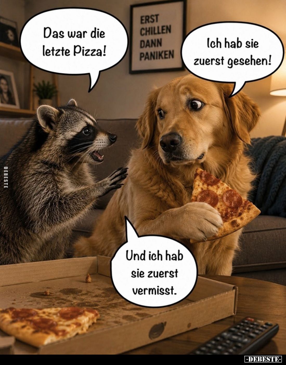 Das war die letzte Pizza!
-
Ich hab sie zuerst gesehen!
-
Und ich hab sie zuerst vermisst.