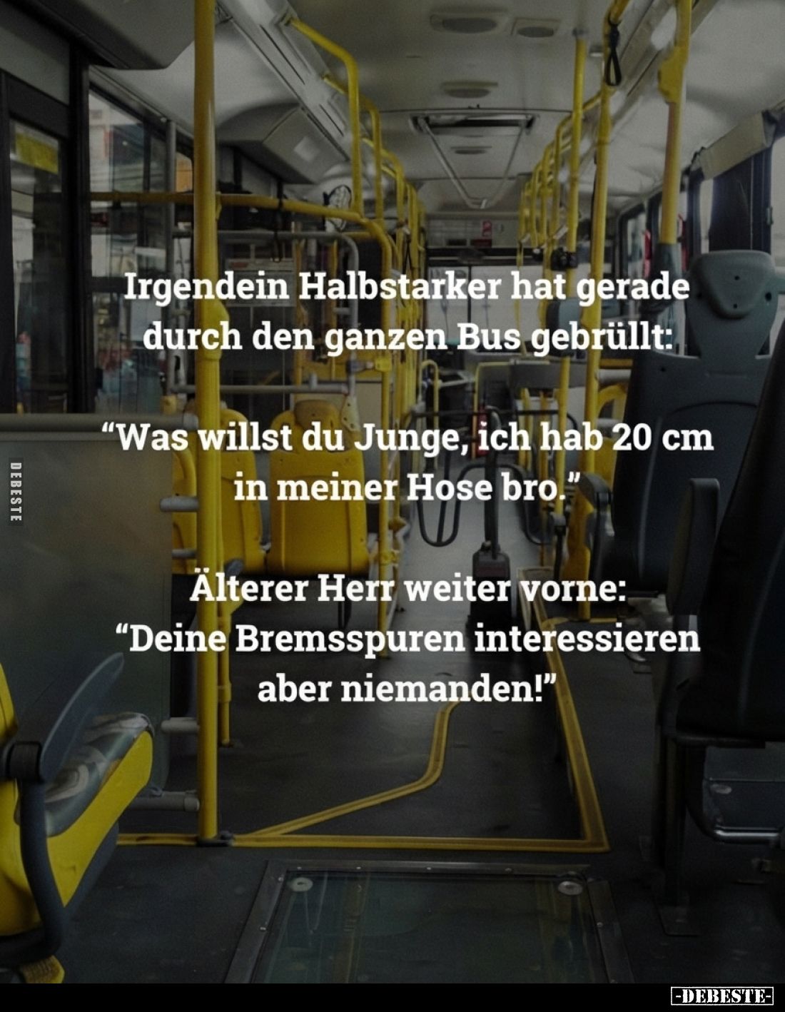 Irgendein Halbstarker hat gerade durch den ganzen Bus gebrüllt:
"Was willst du Junge, ich hab 20 cm in meiner Hose bro....