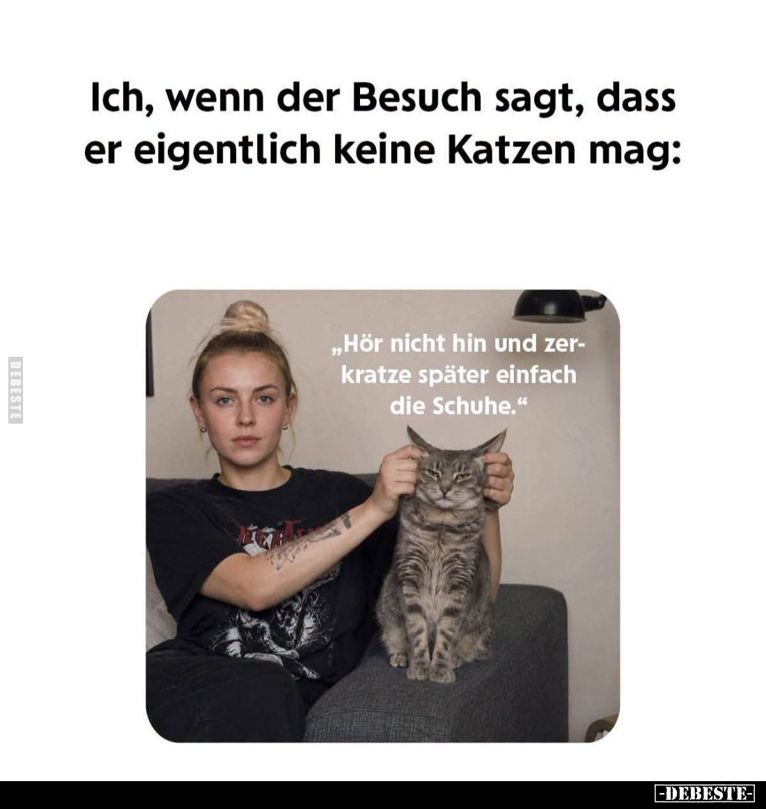 Ich, wenn der Besuch sagt, dass er eigentlich keine Katzen mag:
"Hör nicht hin und zerkratze später einfach die Schuhe....