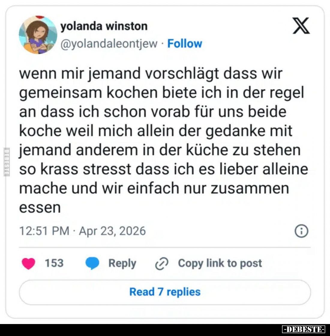 Wenn mir jemand vorschlägt, dass wir gemeinsam kochen, biete ich in der Regel an, dass ich schon vorab für uns beide koche, w...