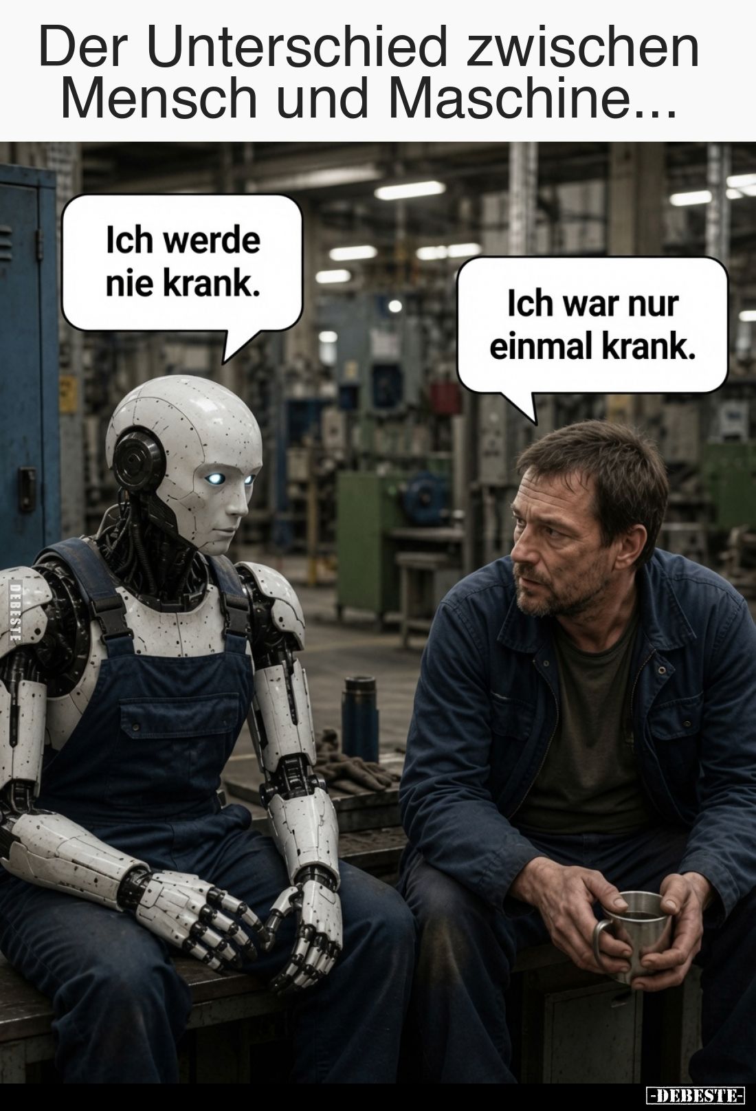 Der Unterschied zwischen Mensch und Maschine...
-
Ich werde nie krank.
-
Ich war nur einmal krank.