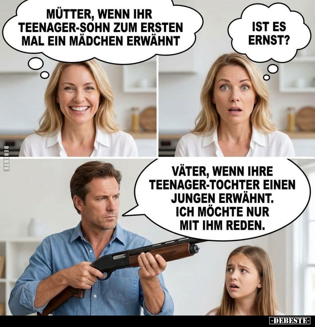 Mütter, wenn ihr Teenager-Sohn zum ersten Mal ein Mädchen erwähnt. -
Ist es ernst? -
Väter, wenn ihre Teenager-Tochter eine...