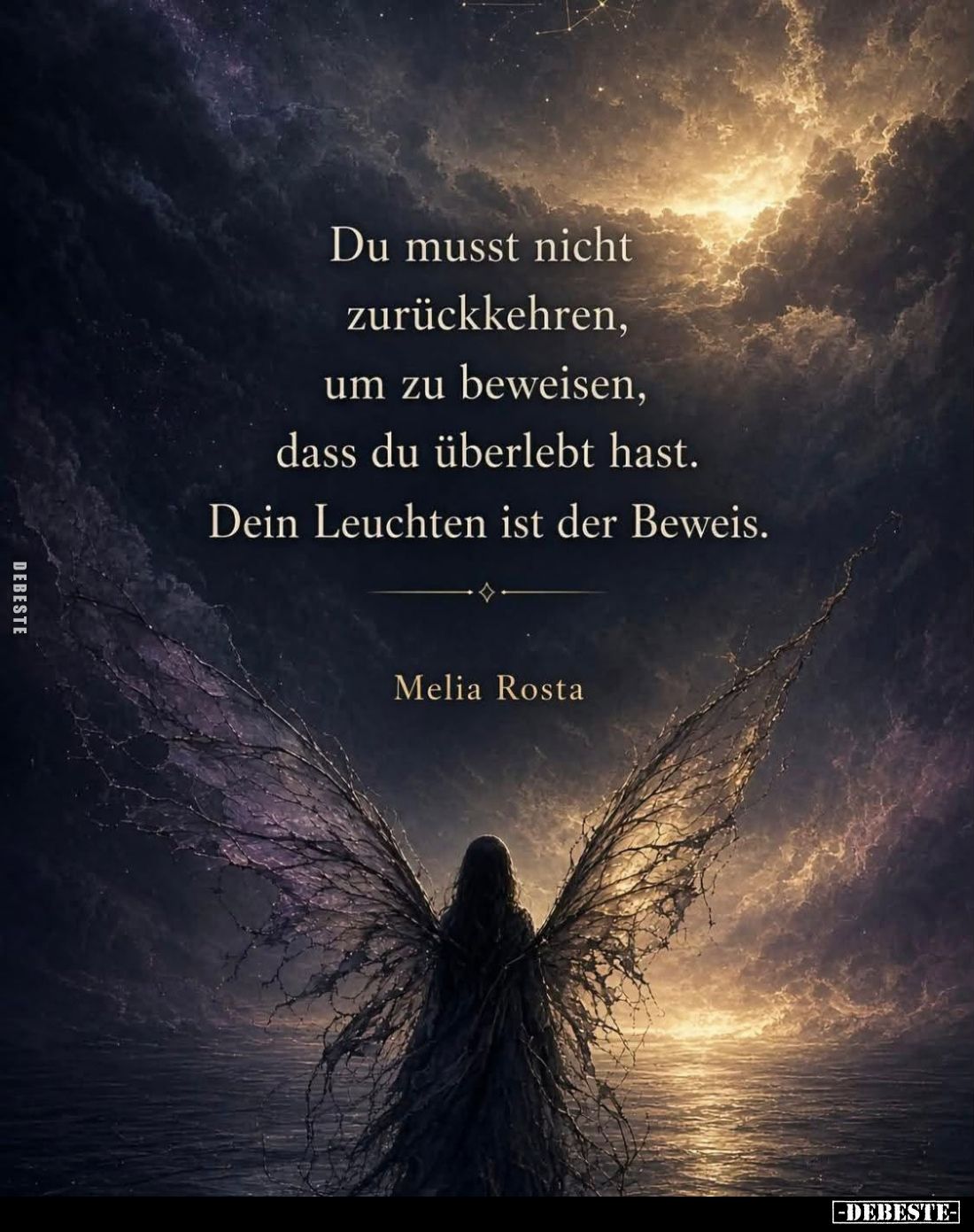 Du musst nicht zurückkehren,
um zu beweisen,
dass du überlebt hast.

Dein Leuchten ist der Beweis.

Melia Rosta