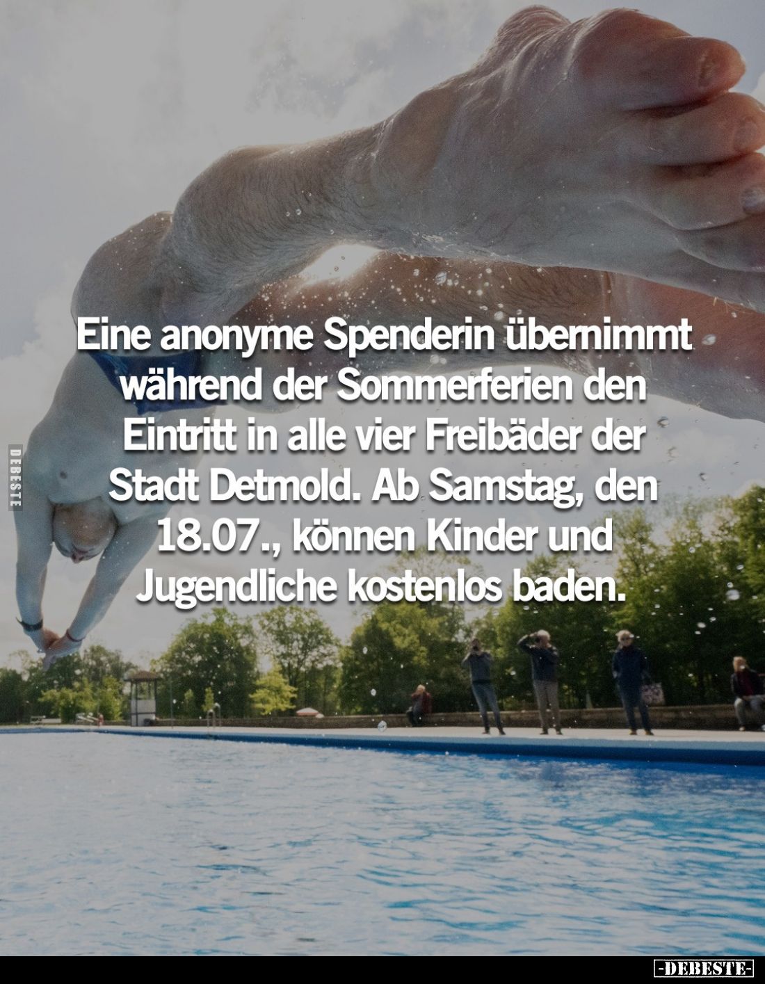 Eine anonyme Spenderin übernimmt während der Sommerferien den Eintritt in alle vier Freibäder der Stadt Detmold. Ab Samstag, ...