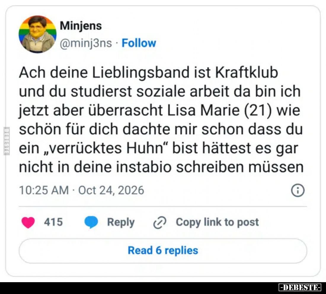 Ach, deine Lieblingsband ist Kraftklub und du studierst Soziale Arbeit? Da bin ich jetzt aber überrascht, Lisa-Marie (21). Wi...