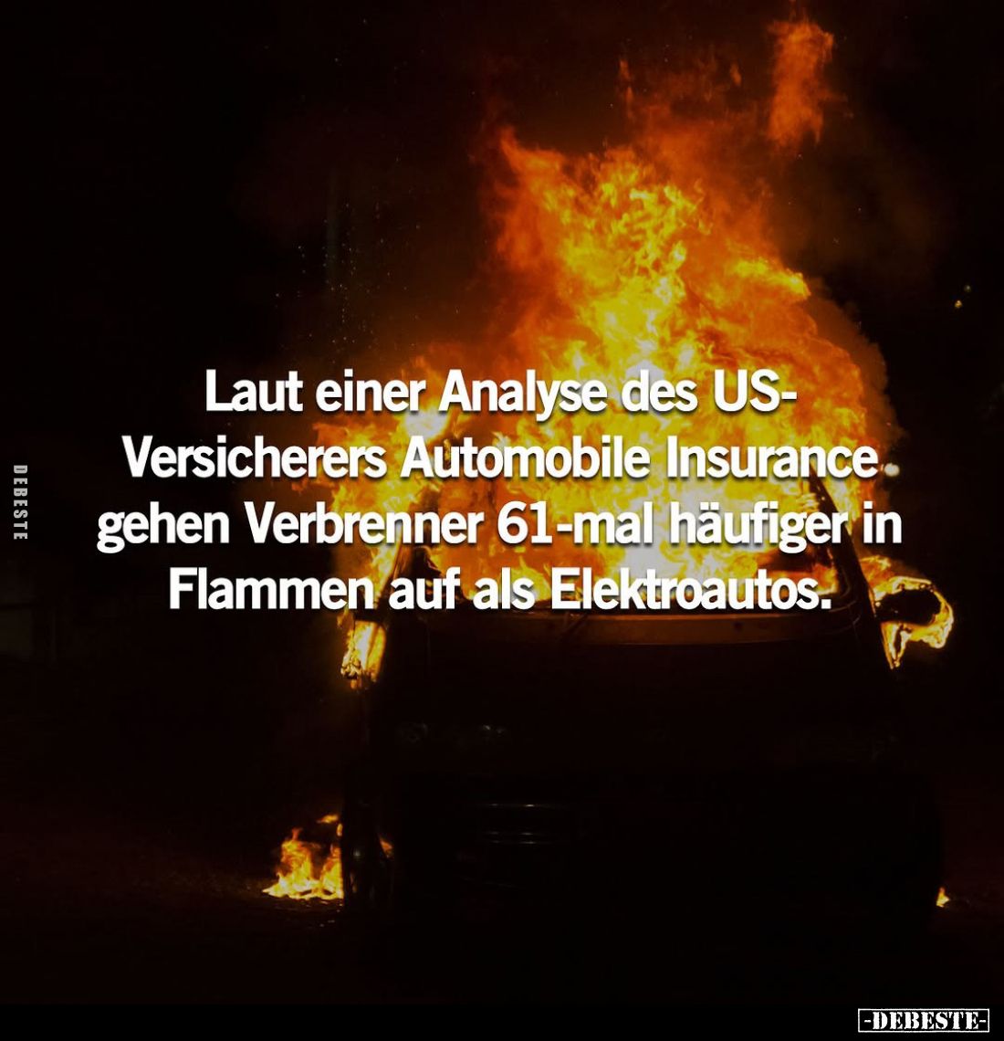 Laut einer Analyse des US-Versicherers Automobile Insurance. gehen Verbrenner 61-mal häufiger in Flammen auf als Elektroautos...