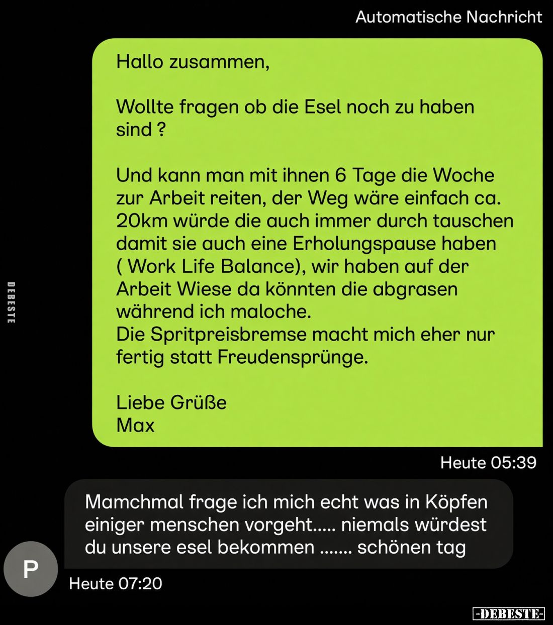 Hallo zusammen,
Wollte fragen ob die Esel noch zu haben sind?
Und kann man mit ihnen 6 Tage die Woche zur Arbeit reiten, de...