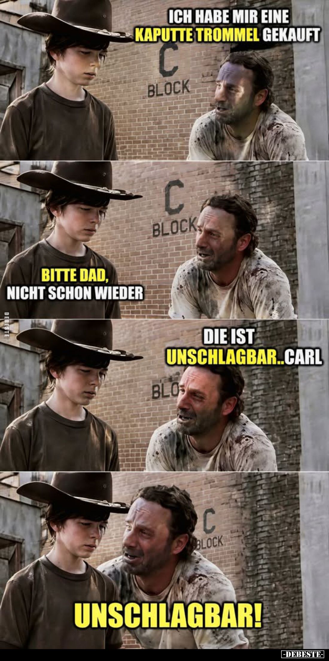 Ich habe mir eine 2014 kaputte Trommel gekauft.
-
Bitte dad, nicht schon wieder.
Die ist unschlagbar.. Carl.
-
Unschlagb...