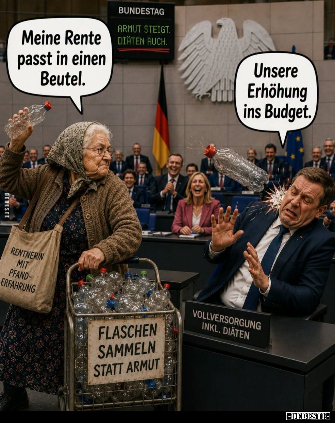 Meine Rente passt in einen Beutel. -
Unsere Erhöhung ins Budget.