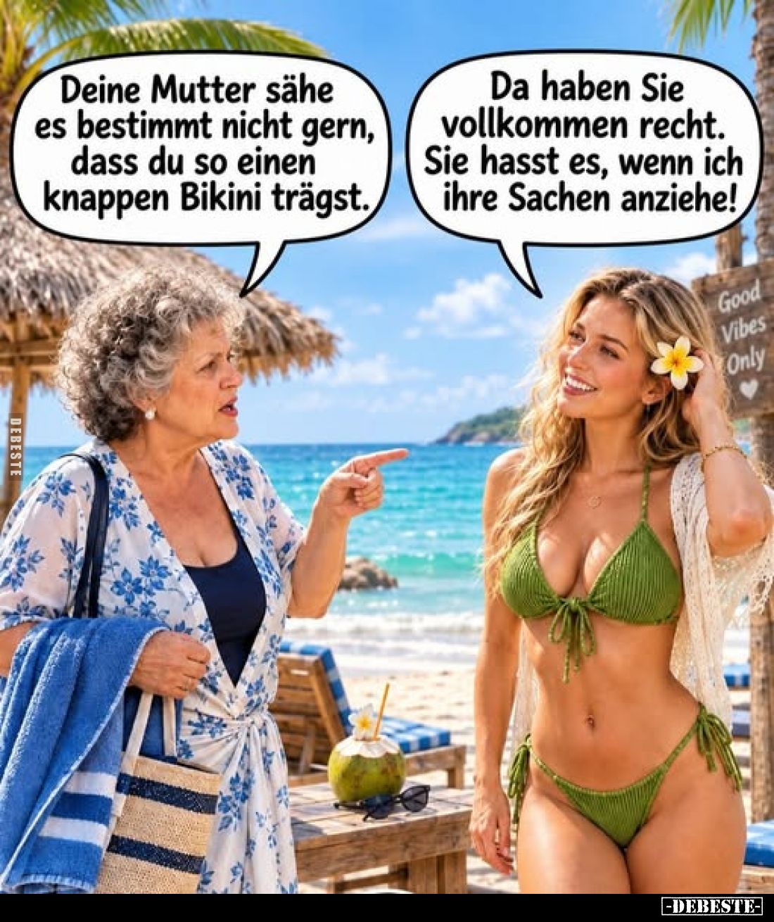 Deine Mutter sähe es bestimmt nicht gern, dass du so einen knappen Bikini trägst. -
Da haben Sie vollkommen recht. Sie hasst...