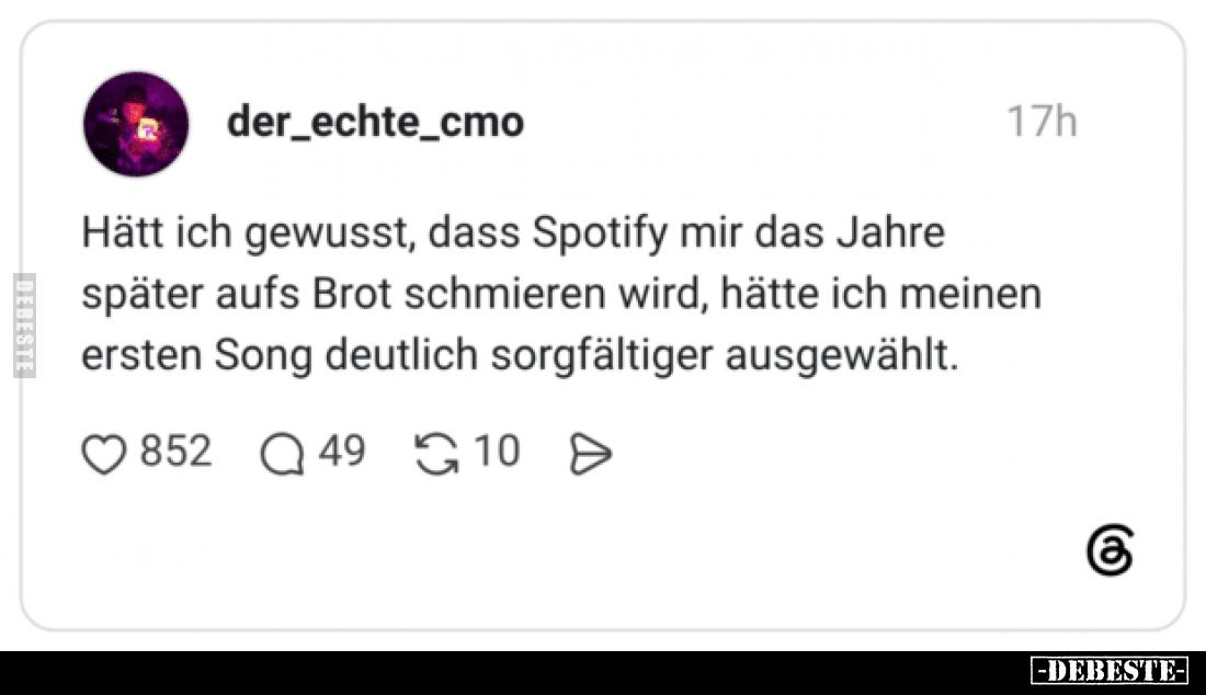 Hätt ich gewusst, dass Spotify mir das Jahre später aufs Brot schmieren wird, hätte ich meinen ersten Song deutlich sorgfälti...