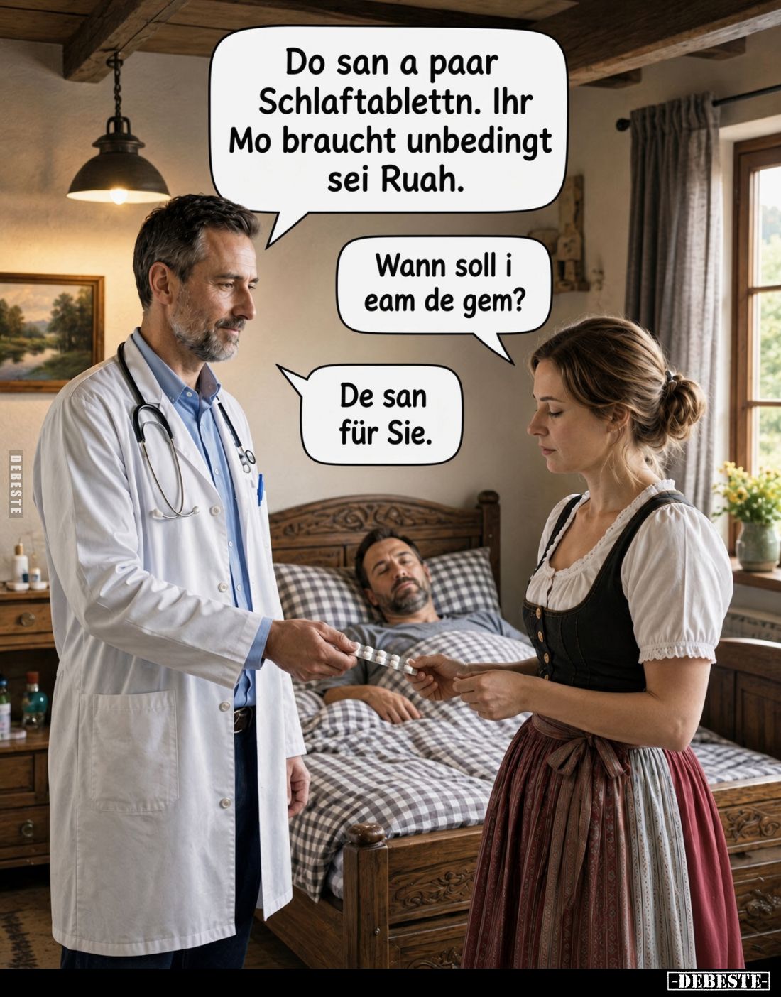 Do san a paar Schlaftablettn. Ihr Mo braucht unbedingt sei Ruah. -
Wann soll i eam de gem? -
De san für Sie.