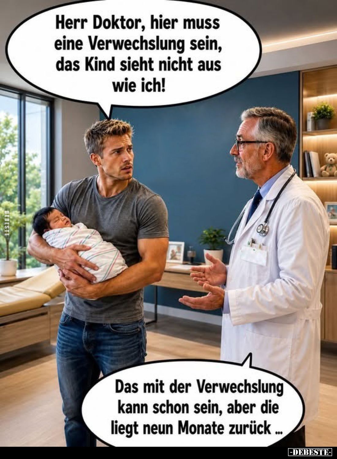 Herr Doktor, hier muss eine Verwechslung sein, das Kind sieht nicht aus wie ich!
-
Das mit der Verwechslung kann schon sein...