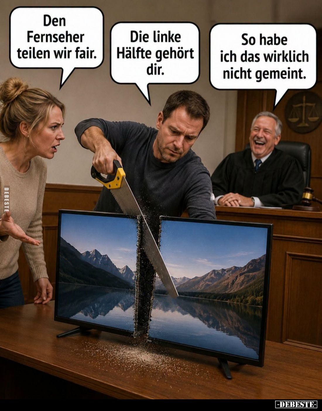 Den Fernseher teilen wir fair. -
Die linke Hälfte gehört dir. -
So habe ich das wirklich nicht gemeint.