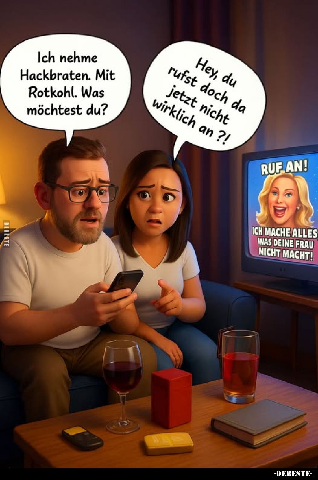 Ich nehme Hackbraten. Mit Rotkohl. Was möchtest du? -
Hey, rufst doch da du jetzt nicht wirklich an?!
