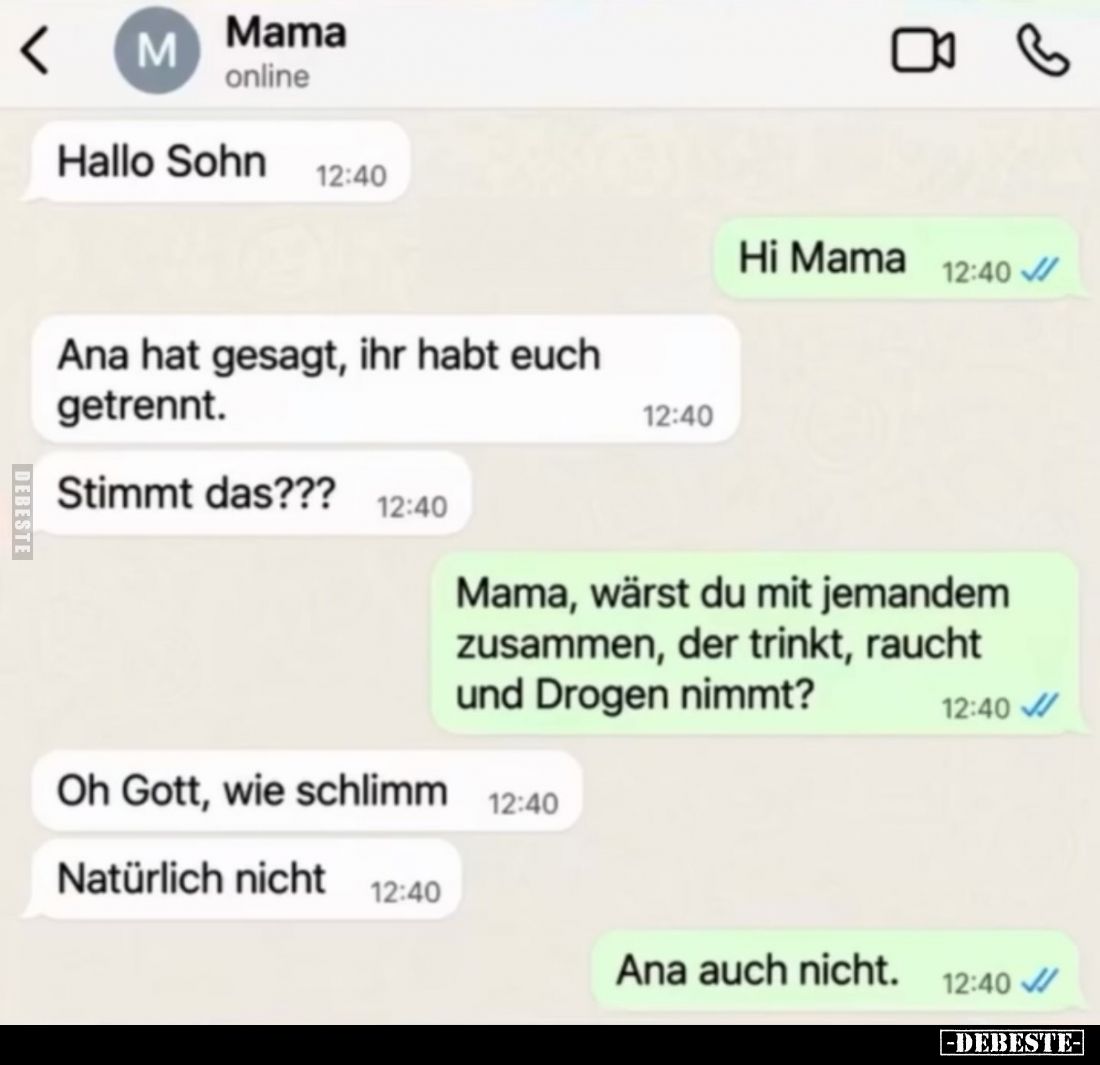 Hallo Sohn.
-
Hi Mama.
-
Ana hat gesagt, ihr habt euch getrennt.
-
Stimmt das???
-
Mama, wärst du mit jemandem zusamm...