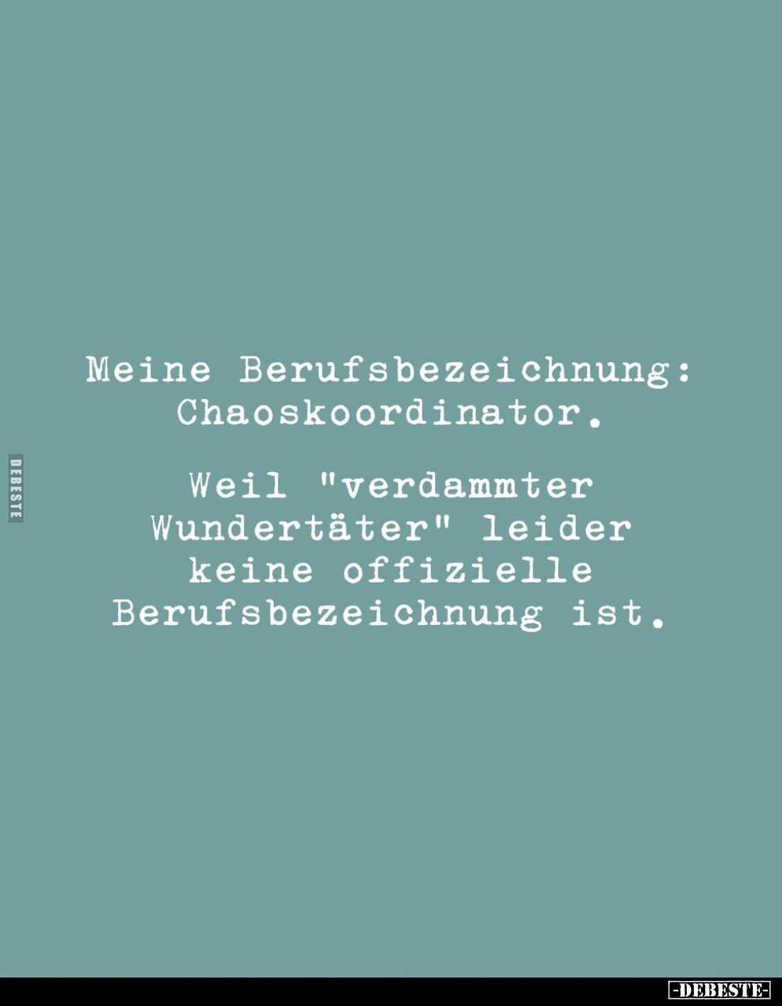 Meine Berufsbezeichnung: Chaoskoordinator.

Weil "verdammter Wundertäter" leider keine offizielle Berufsbezeichnu...