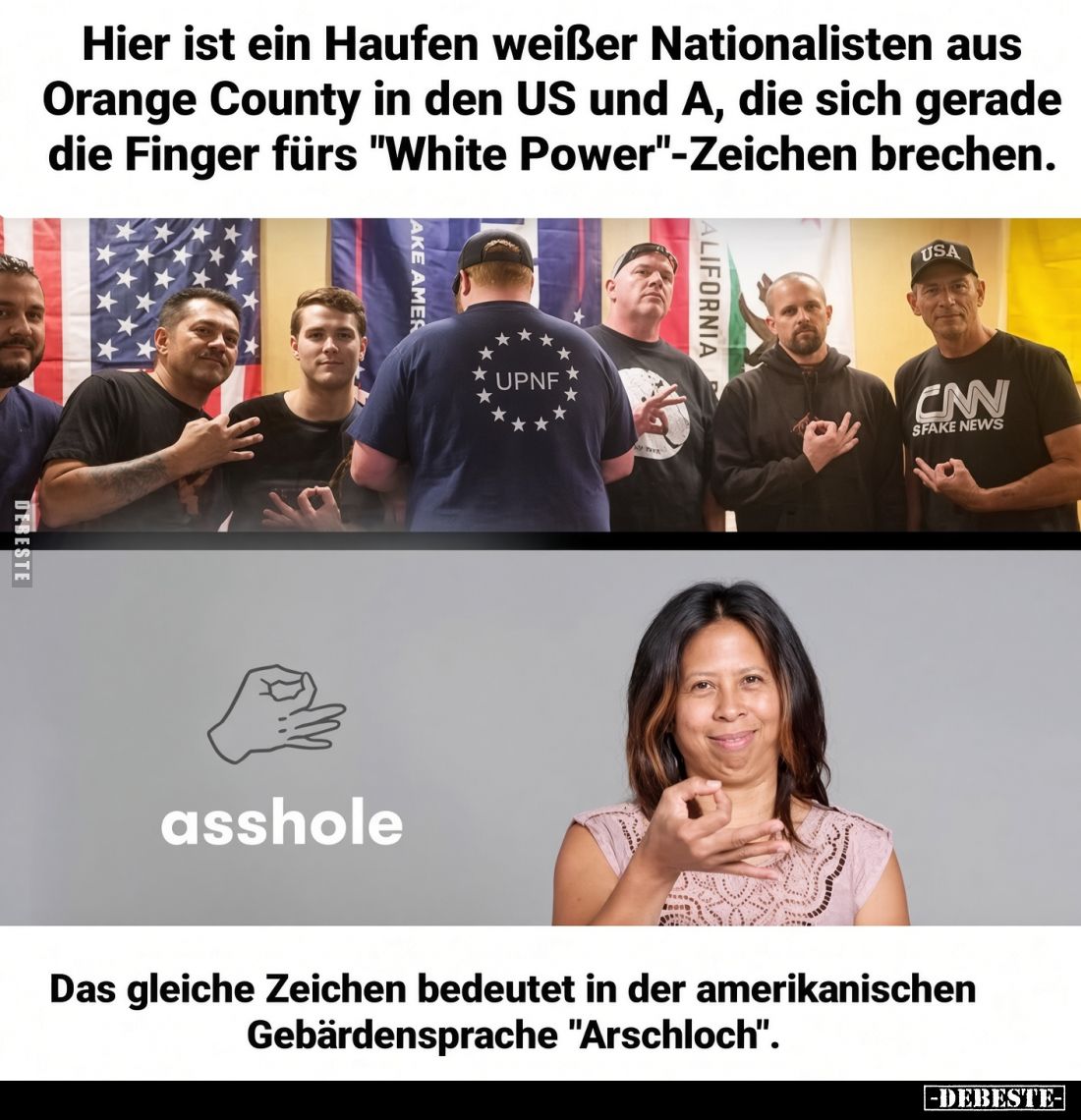 Hier ist ein Haufen weißer Nationalisten aus Orange County in den US und A, die sich gerade die Finger fürs "White Power...