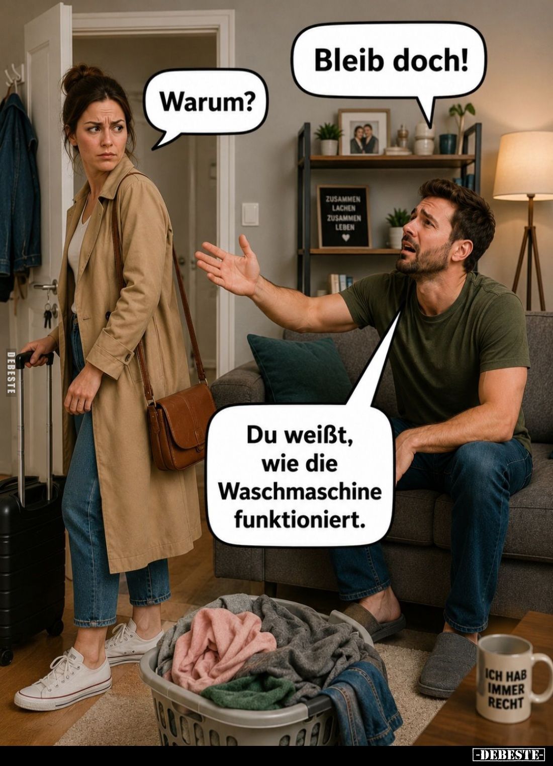 Bleib doch! -
Warum?
-
Du weißt, wie die Waschmaschine funktioniert.