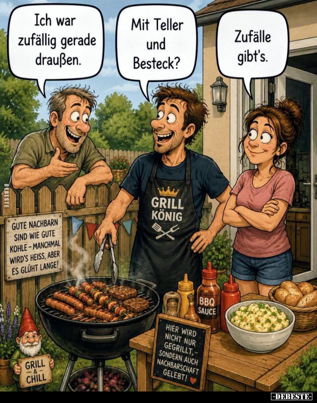 Ich war zufällig gerade draußen. -
Mit Teller und Besteck? -
Zufälle gibt's.