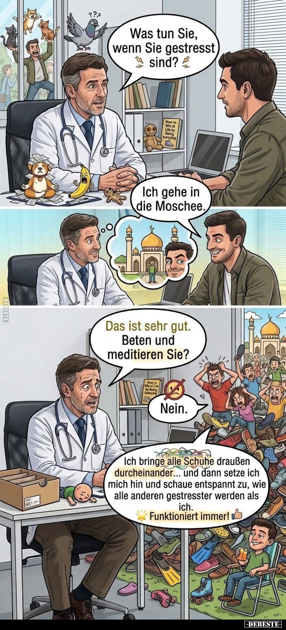 Was tun Sie, wenn Sie gestresst sind? - Ich gehe in die Moschee. - Das ist sehr gut. Beten und meditieren Sie? - Nein. - Ich ...