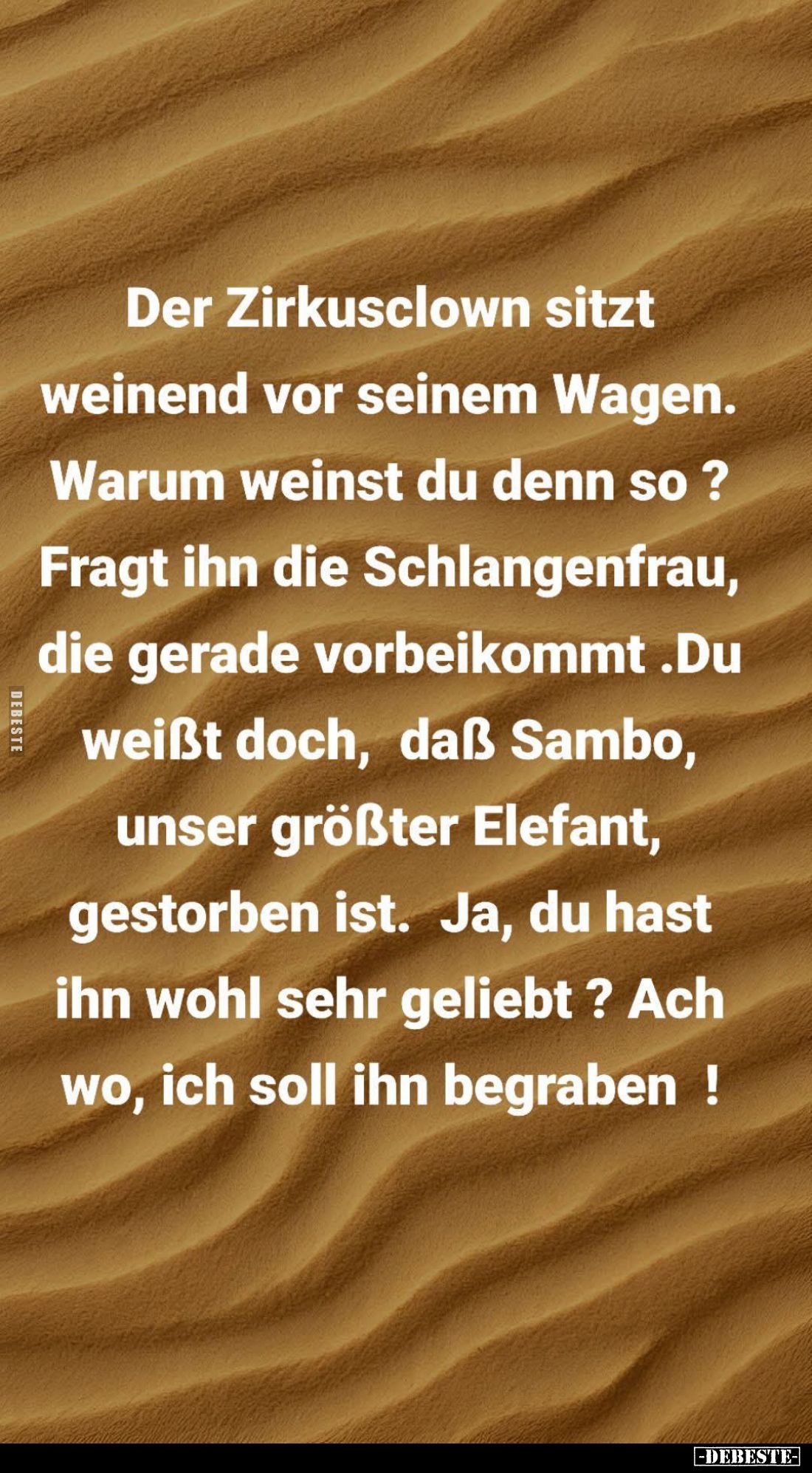 Der Zirkusclown sitzt weinend vor seinem Wagen.
Warum weinst du denn so?
Fragt ihn die Schlangenfrau, die gerade vorbeikomm...