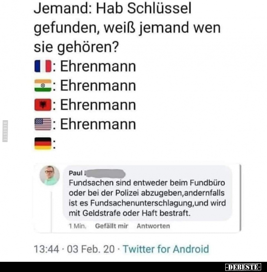 Jemand: Hab Schlüssel gefunden, weiß jemand wen sie..