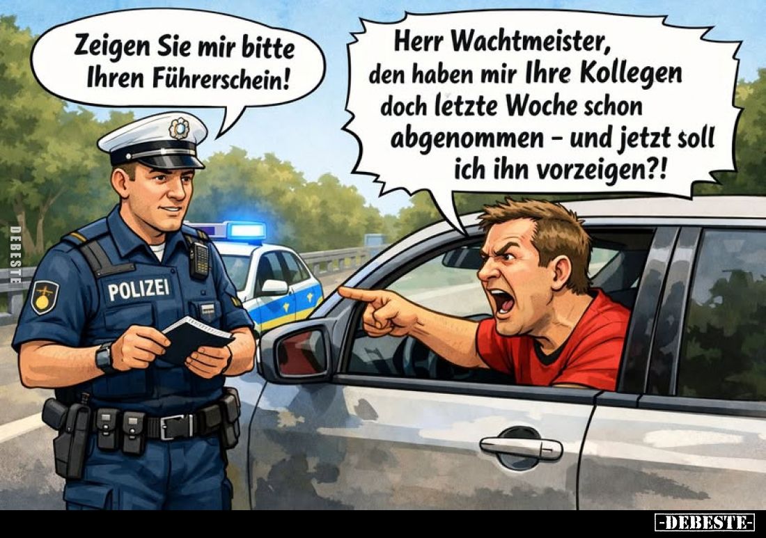 Zeigen Sie mir bitte Ihren Führerschein! -
Herr Wachtmeister, den haben mir Ihre Kollegen doch letzte Woche schon abgenommen...
