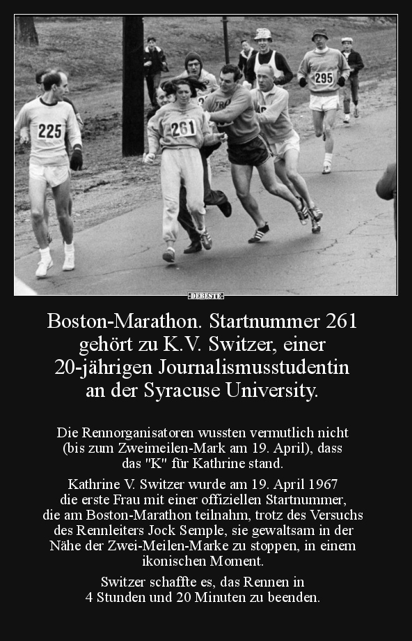 Boston-Marathon. Startnummer 261 gehört zu K.V. Switzer.. - Lustige Bilder | DEBESTE.de