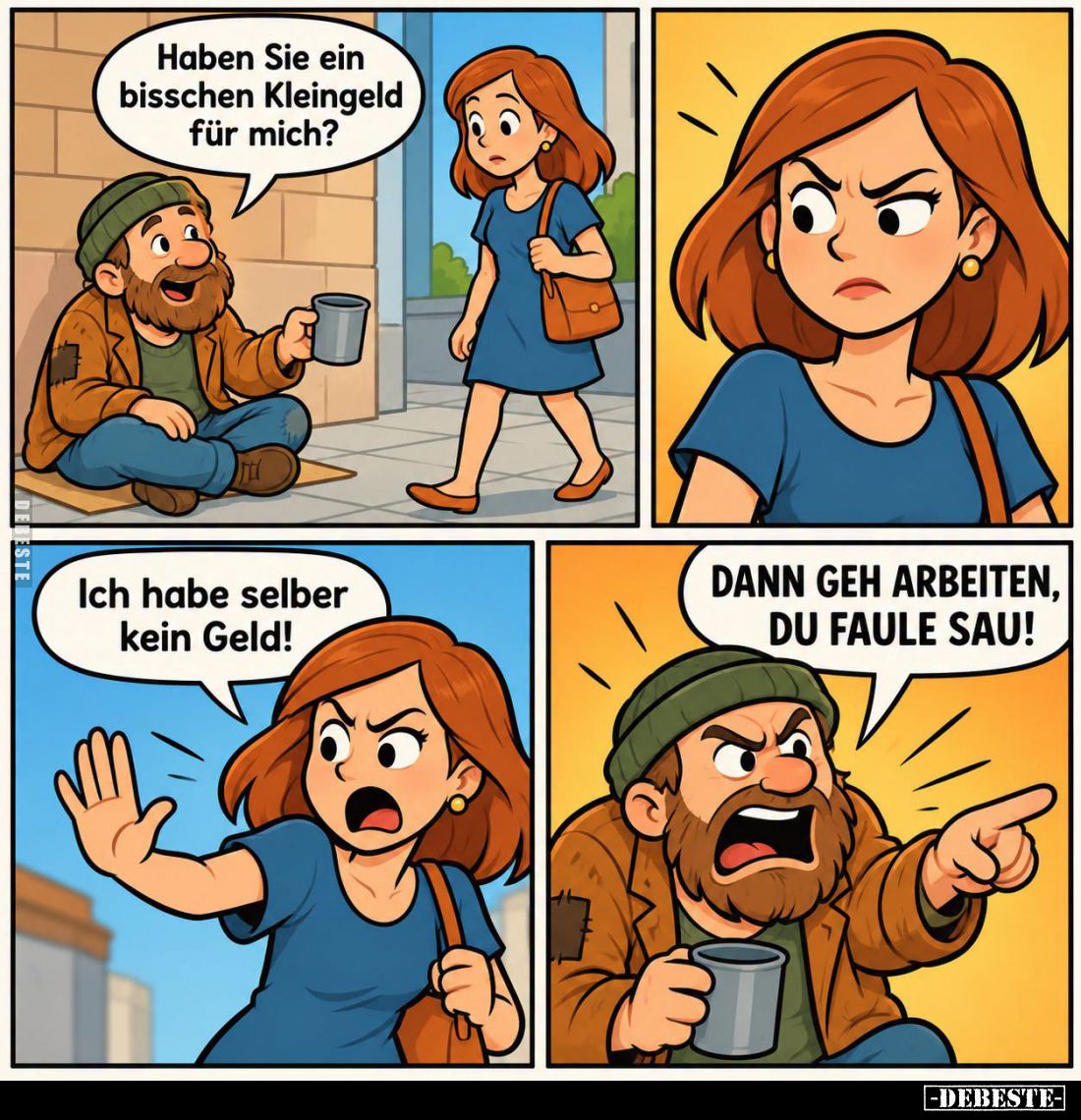 Haben Sie ein bisschen Kleingeld für mich? -
Ich habe selber kein Geld! 
- Dann geh arbeiten, du faule Sau!