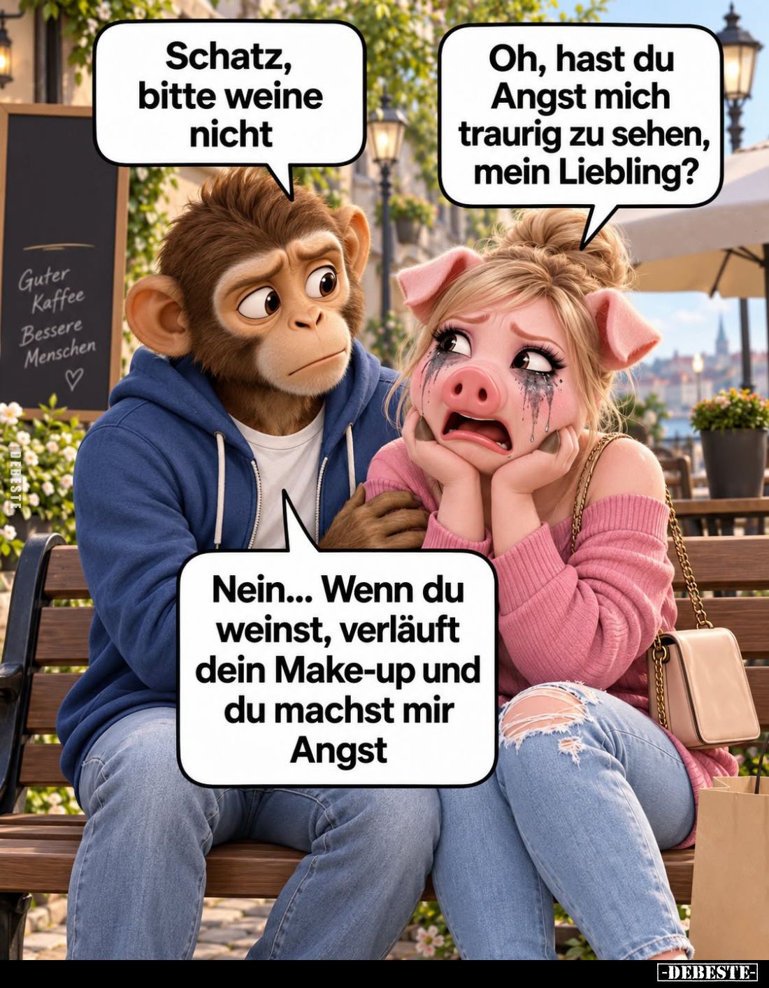 Schatz, bitte weine nicht.
-
Guter Kaffee Bessere Menschen.
-
Oh, hast du Angst mich traurig zu sehen, mein Liebling?
-...